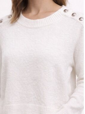 H&M Cream Sweater Women Size M Button Shoulder Detail Soft Knit Minimalist Top